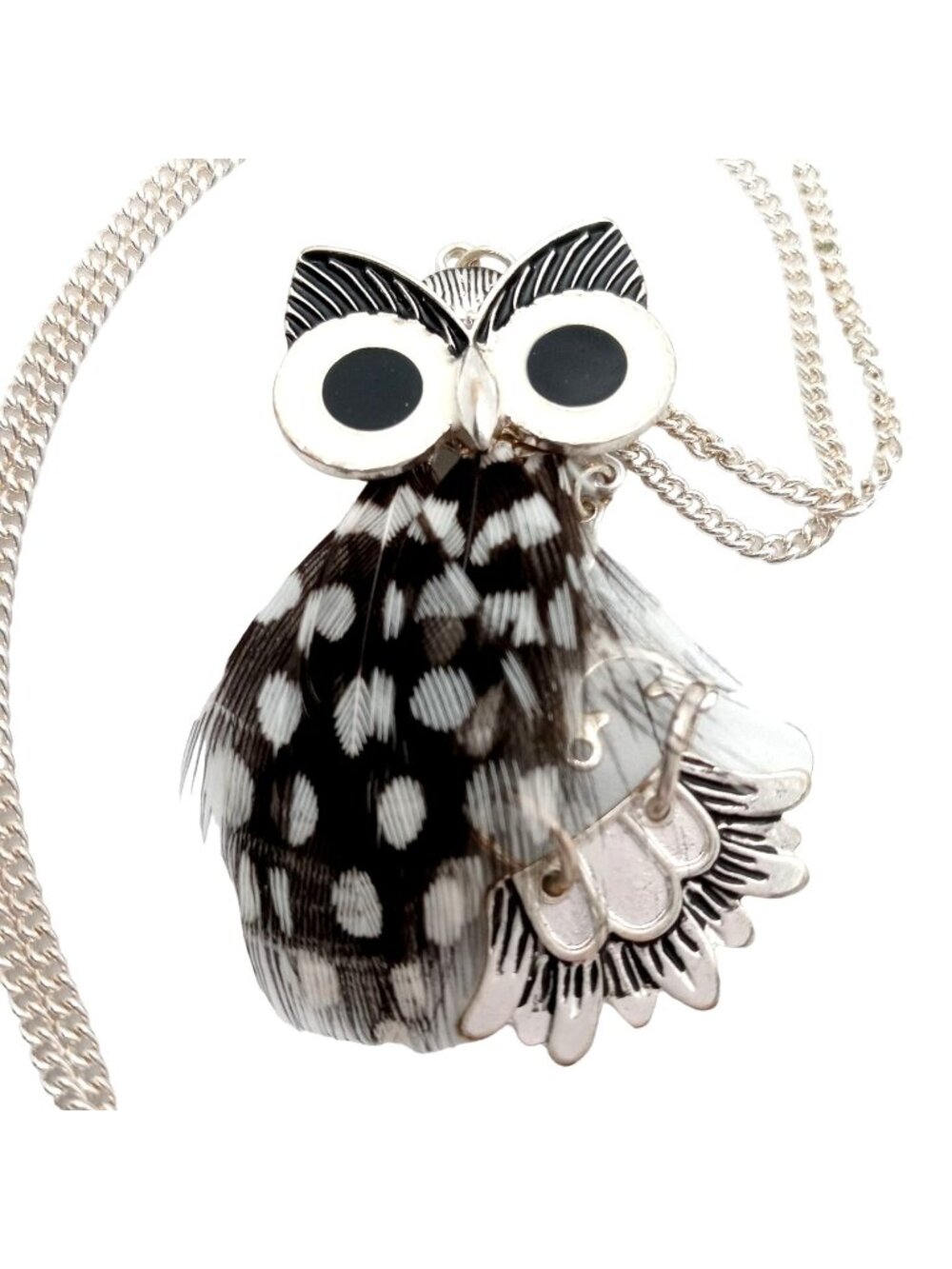 Spotted Owl Pendant Necklace Feathers Bird Watcher Gift Silver Metal Chain